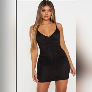 Black Strappy Mesh Ruched Front Bodycon Dress